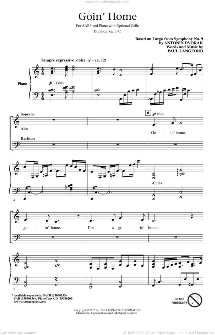 Goin' Home sheet music for choir (SAB: soprano, alto, bass) by Paul Langford, Anton DvorAk, Antonin Dvorak and William Arms Fisher, classical score, intermediate skill level