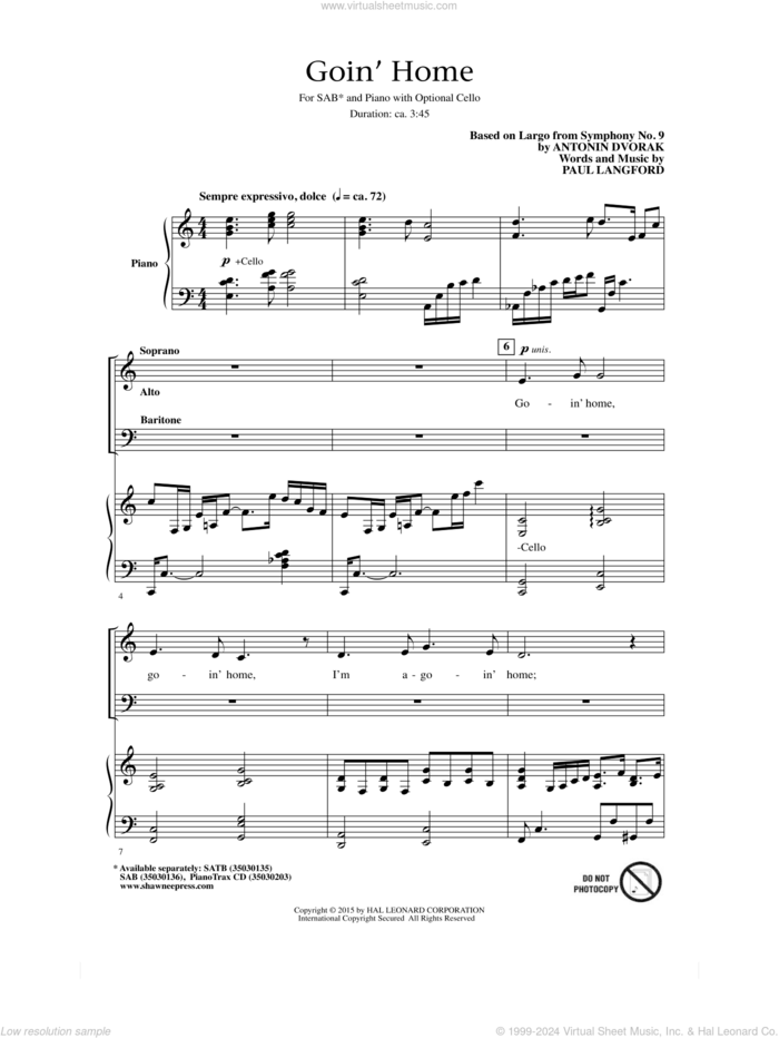 Goin' Home sheet music for choir (SAB: soprano, alto, bass) by Paul Langford, Anton DvorAk, Antonin Dvorak and William Arms Fisher, classical score, intermediate skill level