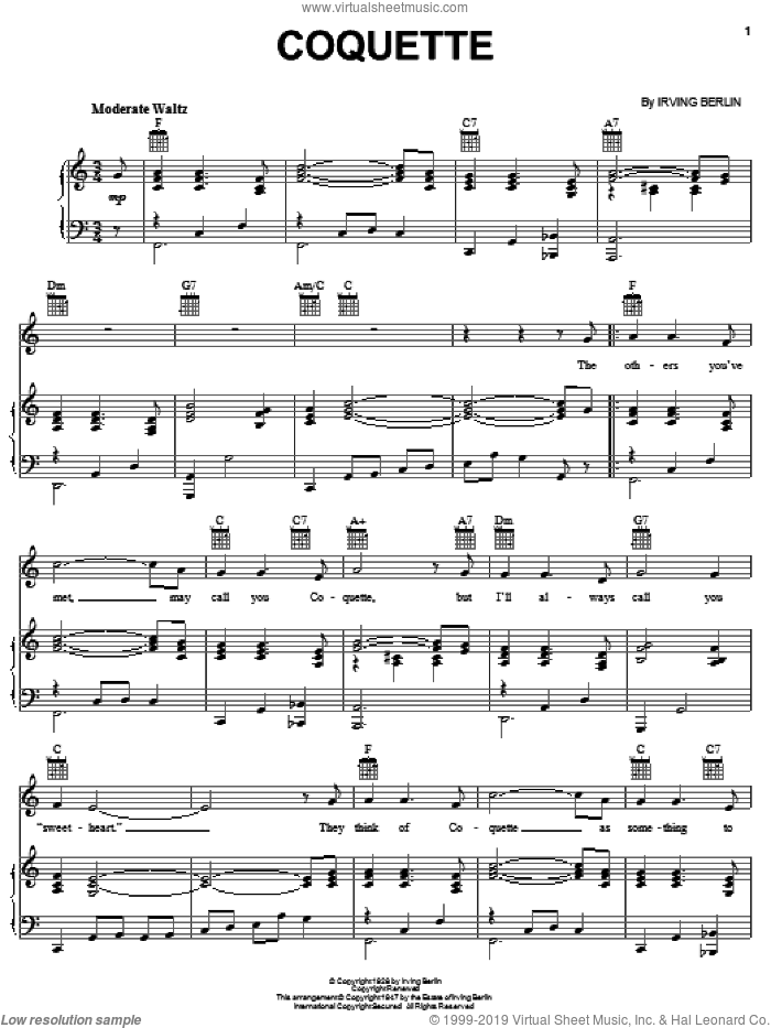 Coquette sheet music for voice, piano or guitar by Irving Berlin and Louis Armstrong, intermediate skill level