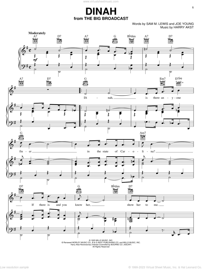 Dinah sheet music for voice, piano or guitar by Bing Crosby, Benny Goodman, Count Basie, Django Reinhardt, Lionel Hampton, Louis Armstrong, The Mills Brothers, Thomas Waller, Harry Akst, Joe Young and Sam Lewis, intermediate skill level
