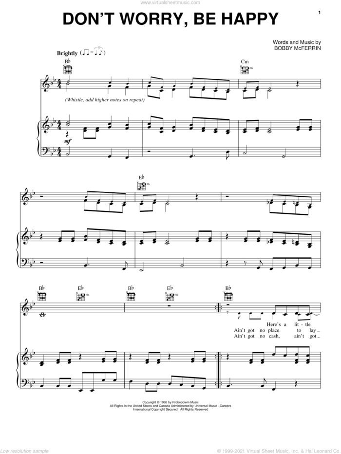 Don't Worry, Be Happy sheet music for voice, piano or guitar by Bobby McFerrin, intermediate skill level