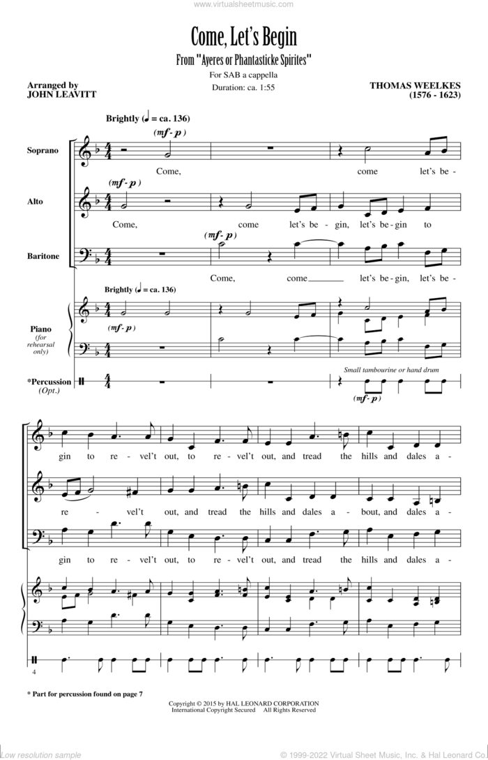 Come, Let's Begin sheet music for choir (SAB: soprano, alto, bass) by Thomas Weelkes and John Leavitt, intermediate skill level