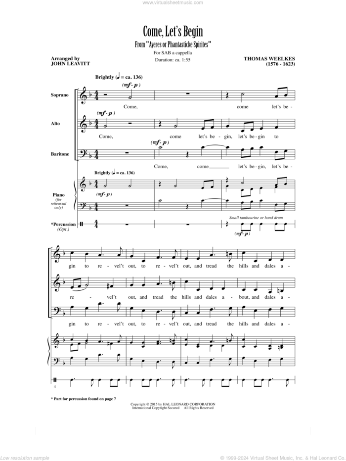 Come, Let's Begin sheet music for choir (SAB: soprano, alto, bass) by Thomas Weelkes and John Leavitt, intermediate skill level