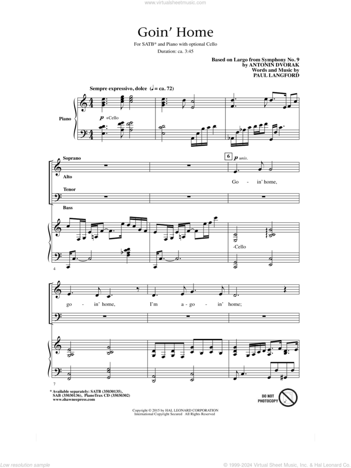 Goin' Home sheet music for choir (SATB: soprano, alto, tenor, bass) by Paul Langford, Anton DvorAk, Antonin Dvorak and William Arms Fisher, classical score, intermediate skill level