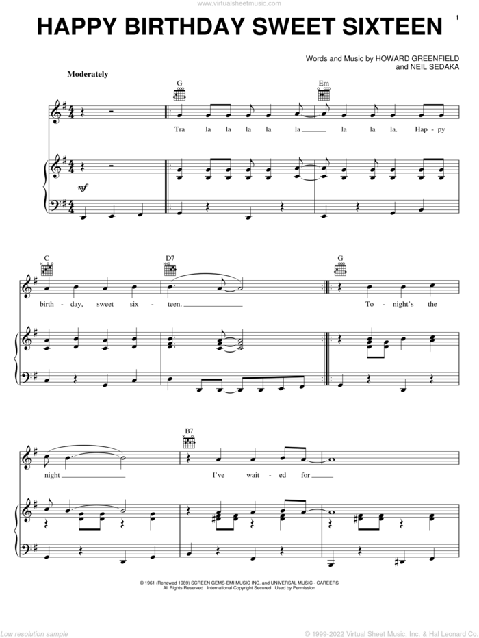 Happy Birthday Sweet Sixteen sheet music for voice, piano or guitar by Neil Sedaka and Howard Greenfield, intermediate skill level