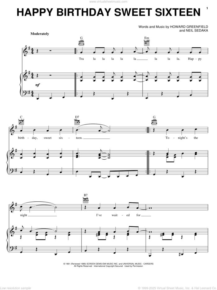 Happy Birthday Sweet Sixteen sheet music for voice, piano or guitar by Neil Sedaka and Howard Greenfield, intermediate skill level