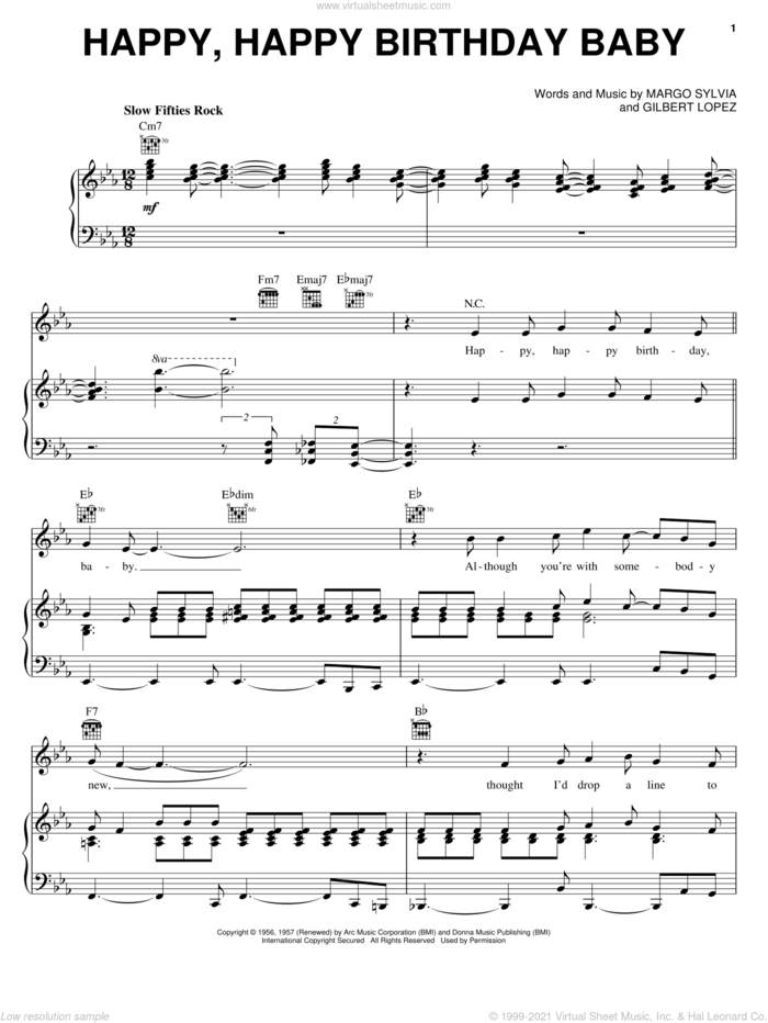 Happy, Happy Birthday Baby sheet music for voice, piano or guitar by The Tune Weavers, Ronnie Milsap, Gilbert Lopez and Margo Sylvia, intermediate skill level