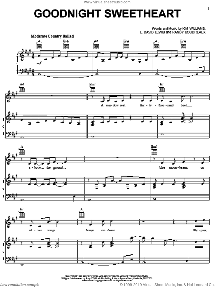 Goodnight Sweetheart sheet music for voice, piano or guitar by David Kersh, Kim Williams, L. David Lewis and Randy Boudreaux, intermediate skill level