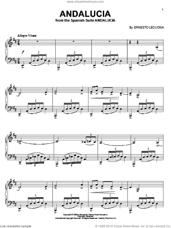 Andalucia sheet music for piano solo by Ernesto Lecuona, intermediate skill level