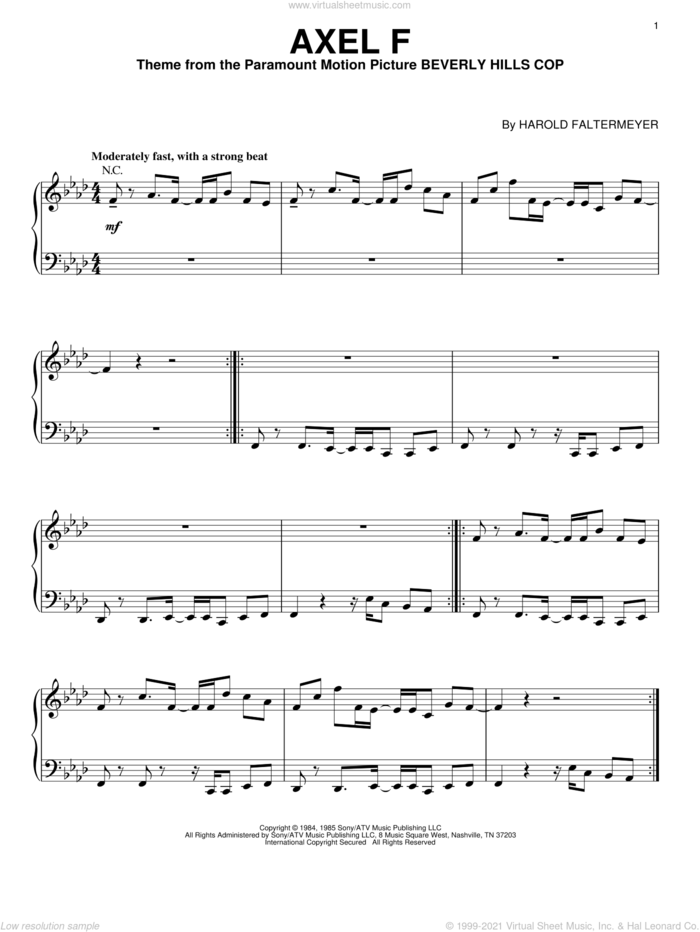 Axel F, (intermediate) sheet music for piano solo by Harold Faltermeyer and Crazy Frog, intermediate skill level