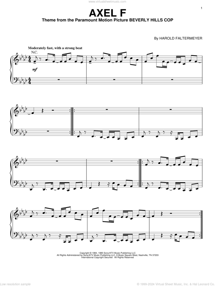 Axel F sheet music for piano solo by Harold Faltermeyer and Crazy Frog, intermediate skill level