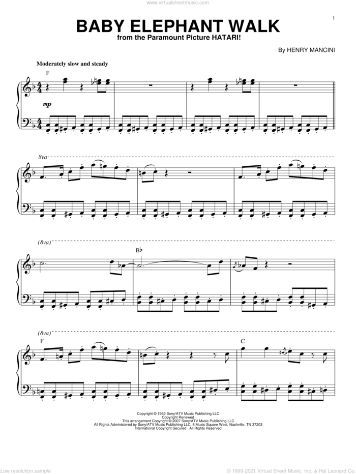 Baby Elephant Walk, (intermediate) sheet music for piano solo by Henry Mancini and Hal David, intermediate skill level
