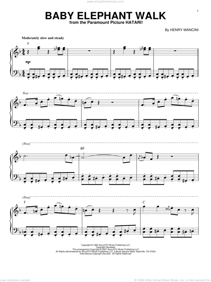 Baby Elephant Walk, (intermediate) sheet music for piano solo by Henry Mancini and Hal David, intermediate skill level