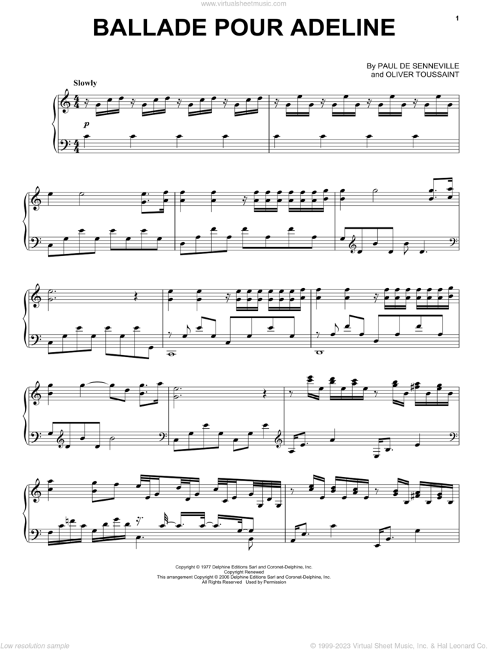 Ballade Pour Adeline sheet music for piano solo by Richard Clayderman and Paul de Senneville, classical wedding score, intermediate skill level