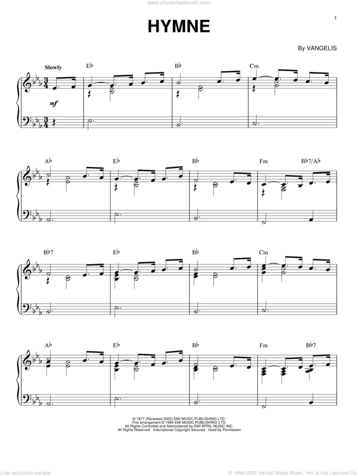 Hymne sheet music for piano solo by Vangelis, intermediate skill level