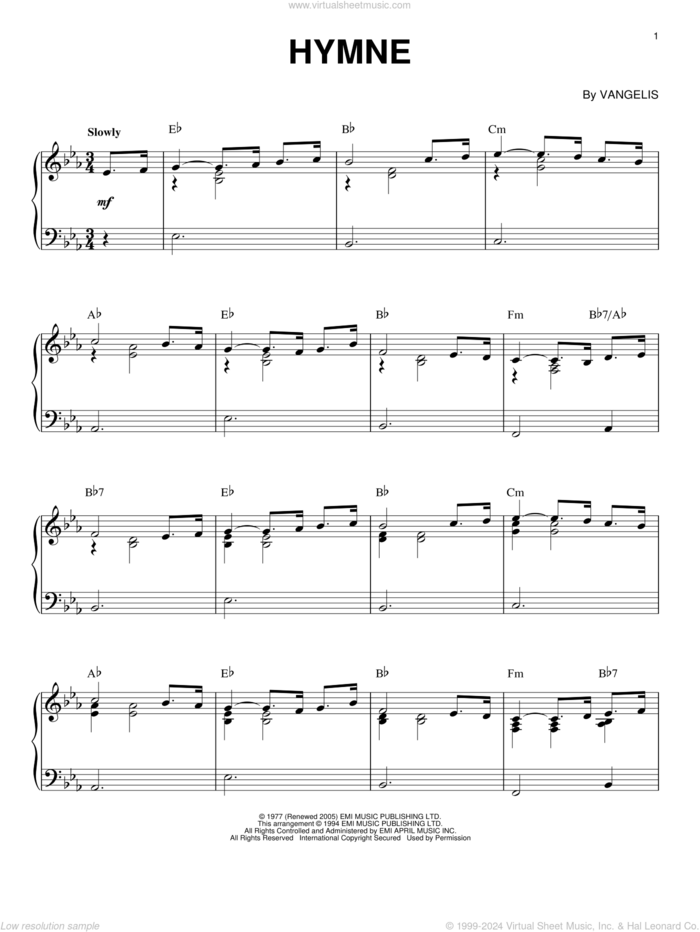 Hymne sheet music for piano solo by Vangelis, intermediate skill level