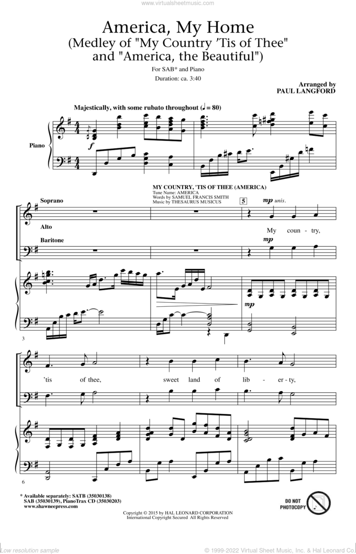 America, My Home sheet music for choir (SAB: soprano, alto, bass) by Samuel Francis Smith, Paul Langford and Thesaurus Musicus, intermediate skill level