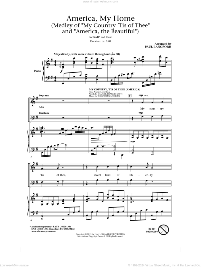 America, My Home sheet music for choir (SAB: soprano, alto, bass) by Samuel Francis Smith, Paul Langford and Thesaurus Musicus, intermediate skill level