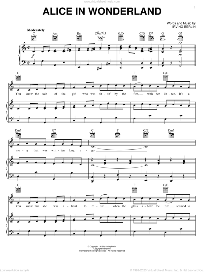 Alice In Wonderland sheet music for voice, piano or guitar by Irving Berlin, intermediate skill level