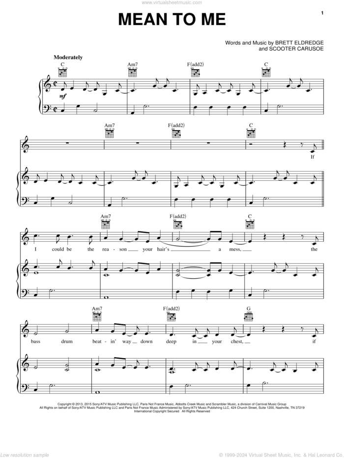 Mean To Me sheet music for voice, piano or guitar by Brett Eldredge and Scooter Carusoe, intermediate skill level