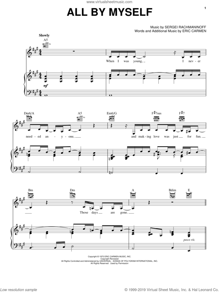 All By Myself sheet music for voice, piano or guitar by Celine Dion, Eric Carmen and Serjeij Rachmaninoff, intermediate skill level