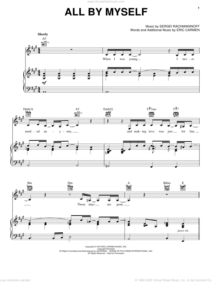 All By Myself sheet music for voice, piano or guitar by Celine Dion, Eric Carmen and Serjeij Rachmaninoff, intermediate skill level