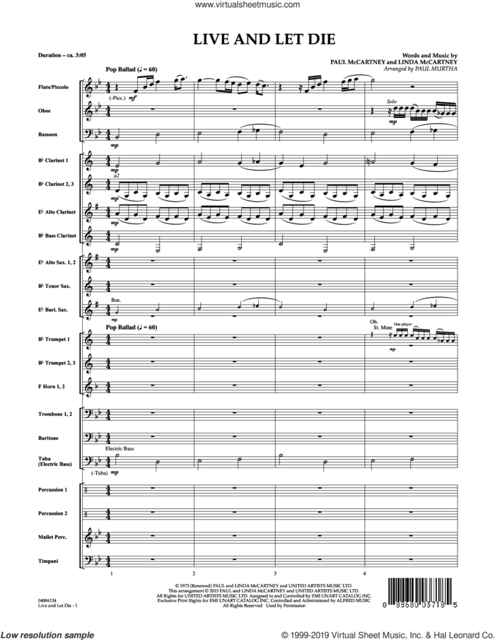 Live and Let Die (COMPLETE) sheet music for concert band by Paul McCartney, Linda McCartney, Paul Murtha and Wings, intermediate skill level