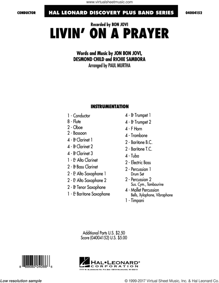 Livin' On A Prayer (COMPLETE) sheet music for concert band by Paul Murtha, Bon Jovi, Desmond Child and Richie Sambora, intermediate skill level