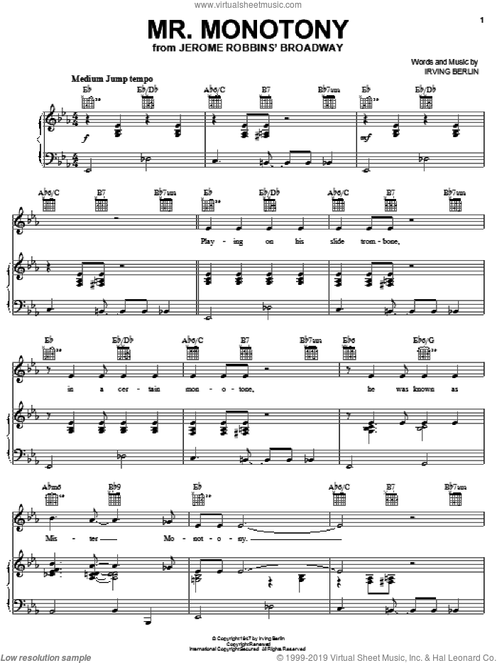 Mr. Monotony sheet music for voice, piano or guitar by Irving Berlin, intermediate skill level