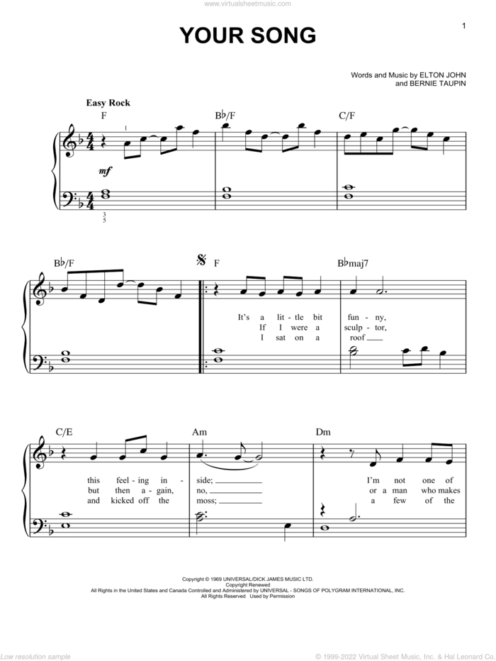 Your Song sheet music for piano solo by Elton John, Rod Stewart and Bernie Taupin, beginner skill level