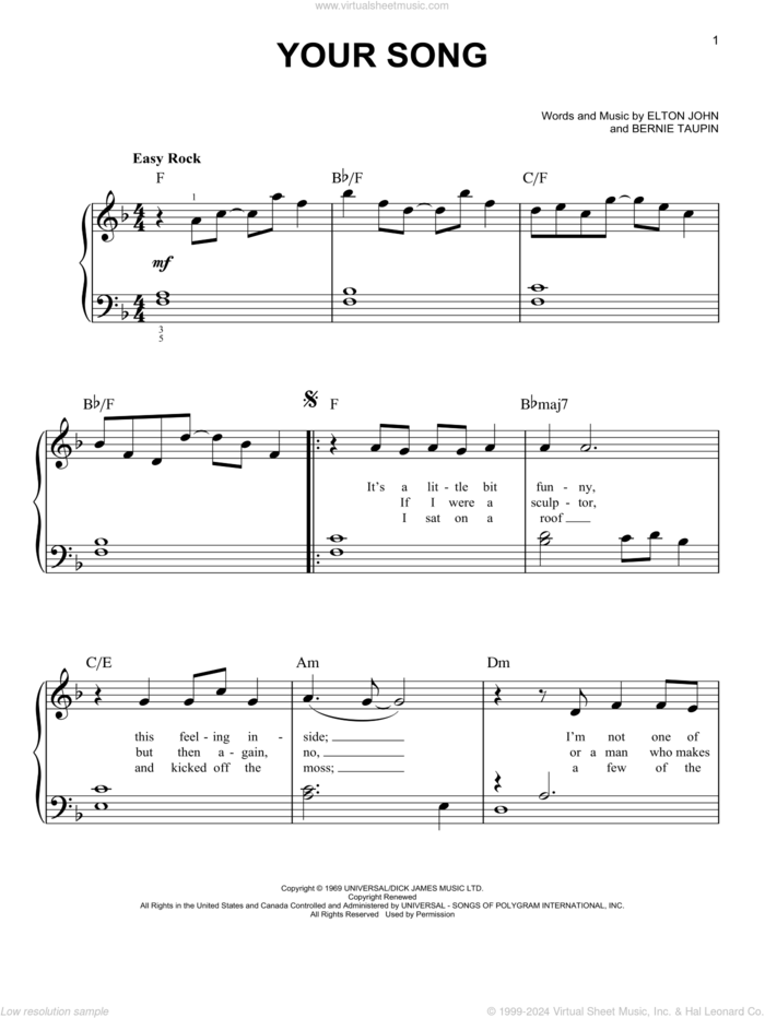 Your Song, (beginner) sheet music for piano solo by Elton John, Rod Stewart and Bernie Taupin, beginner skill level