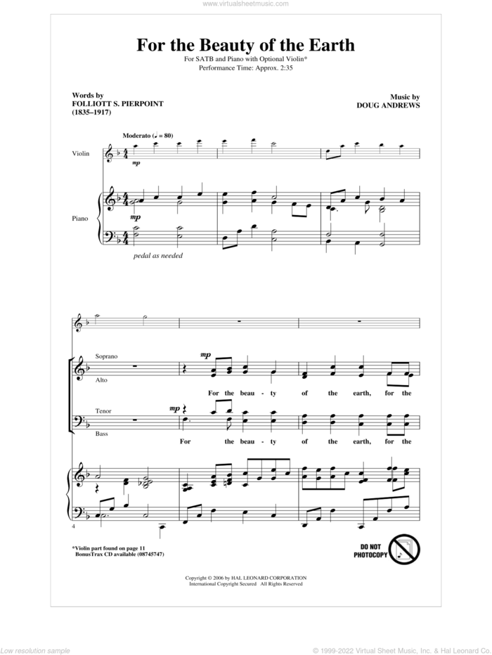 For The Beauty Of The Earth sheet music for choir (SATB: soprano, alto, tenor, bass) by Folliot S. Pierpoint and Doug Andrews, intermediate skill level