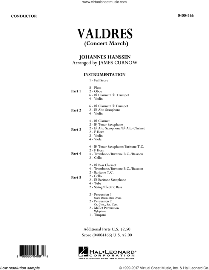 Valdres (Concert March) (COMPLETE) sheet music for concert band by James Curnow and Johannes Hanssen, intermediate skill level