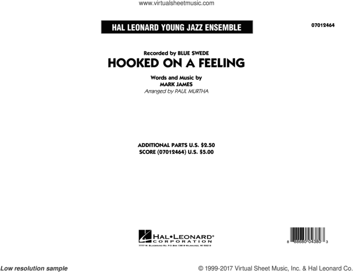 Hooked On A Feeling (COMPLETE) sheet music for jazz band by Paul Murtha, B.J. Thomas and Mark James, intermediate skill level