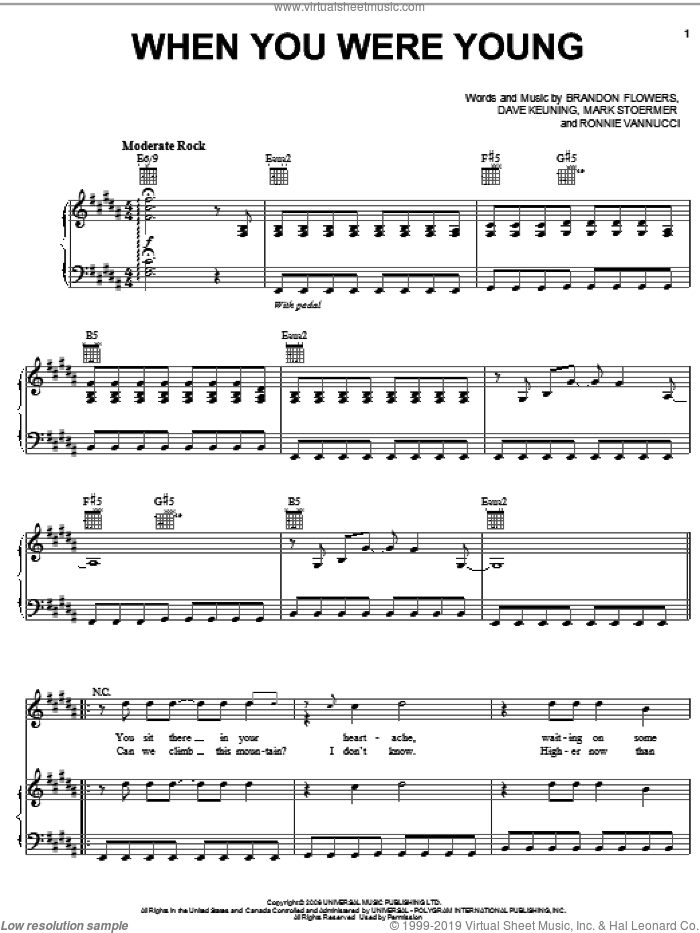 When You Were Young sheet music for voice, piano or guitar by The Killers, Brandon Flowers, Dave Keuning, Mark Stoermer and Ronnie Vannucci, intermediate skill level