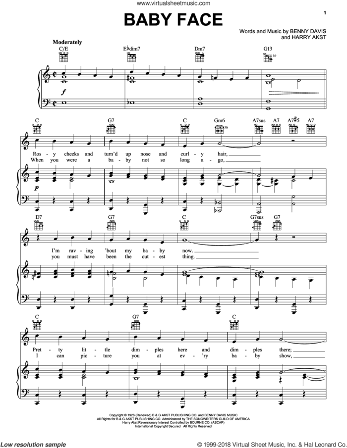 Baby Face sheet music for voice, piano or guitar by Harry Akst, Bobby Darin, Little Richard, Wing & A Prayer Fife & Drum Cp and Benny Davis, intermediate skill level