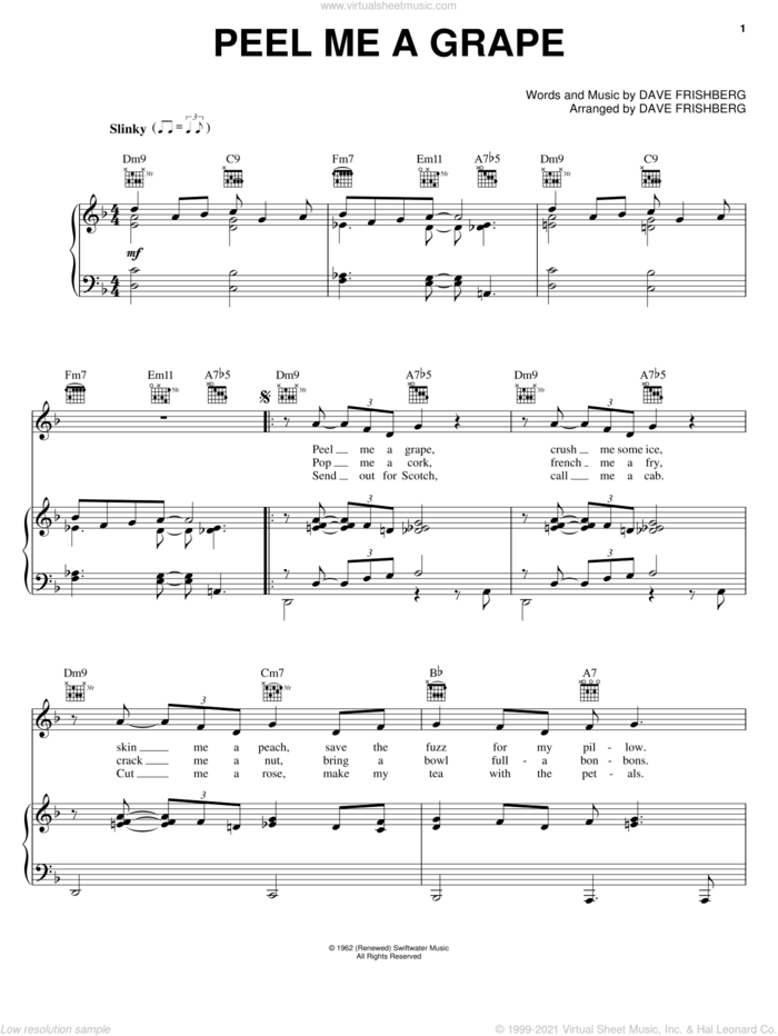 Peel Me A Grape sheet music for voice, piano or guitar by Dave Frishberg and Diana Krall, intermediate skill level