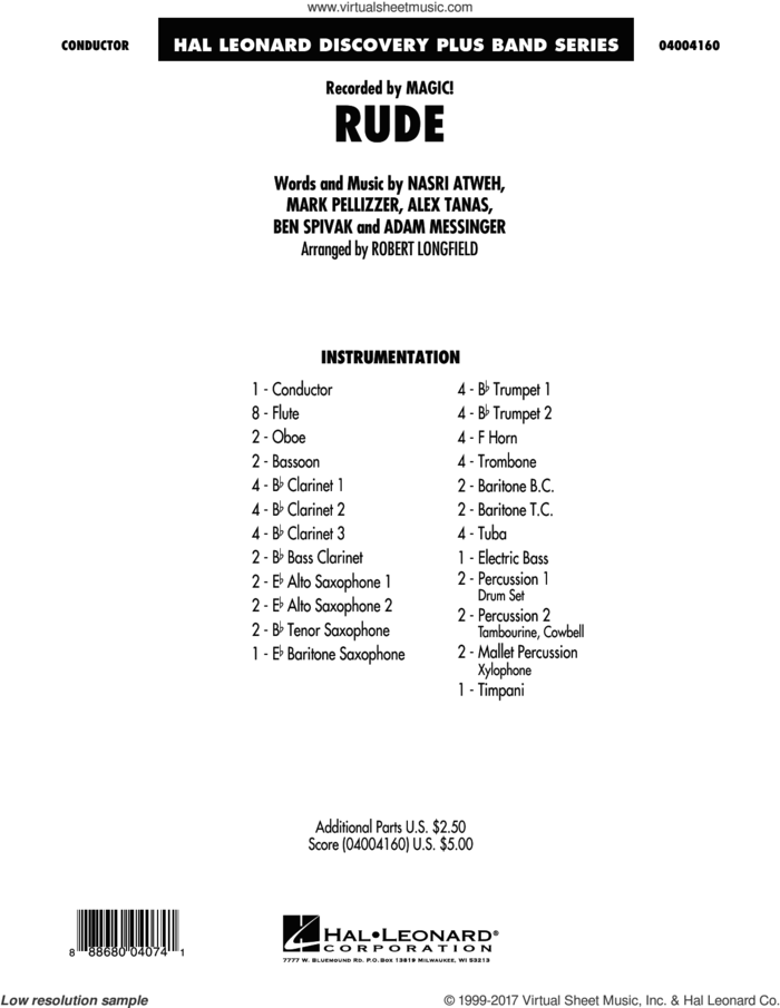 Rude (COMPLETE) sheet music for concert band by Robert Longfield, Adam Messinger, Alex Tanas, Ben Spivak, MAGIC!, Mark Pellizzer and Nasri Atweh, intermediate skill level