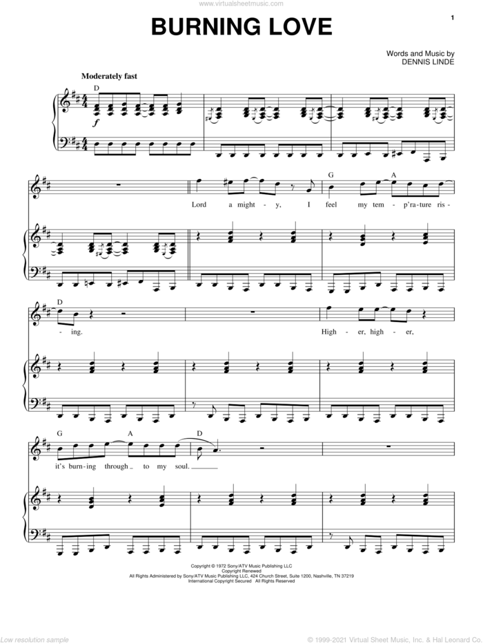 Burning Love sheet music for voice and piano by Elvis Presley and Dennis Linde, intermediate skill level