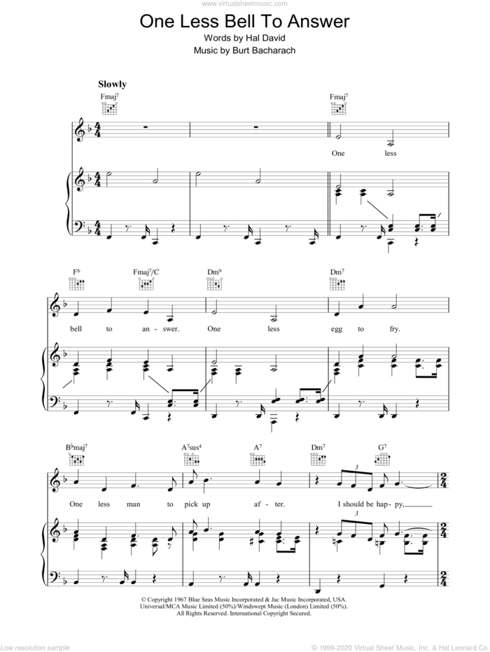 One Less Bell To Answer sheet music for voice, piano or guitar by Bacharach & David and Burt Bacharach, intermediate skill level