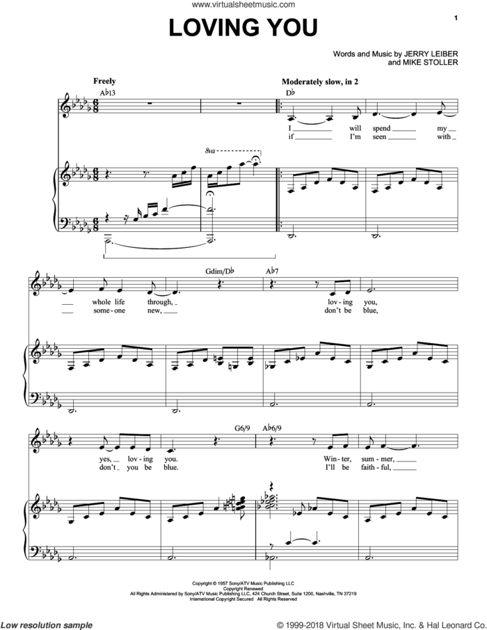 Loving You sheet music for voice and piano by Elvis Presley, Jerry Leiber and Mike Stoller, intermediate skill level