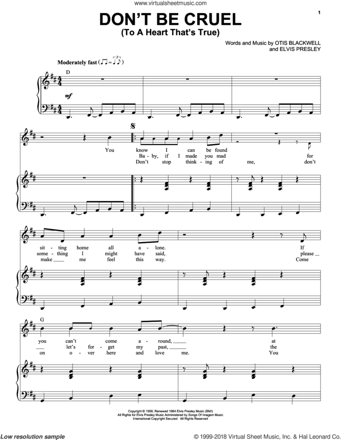 Don't Be Cruel (To A Heart That's True) sheet music for voice and piano by Elvis Presley, Cheap Trick and Otis Blackwell, intermediate skill level