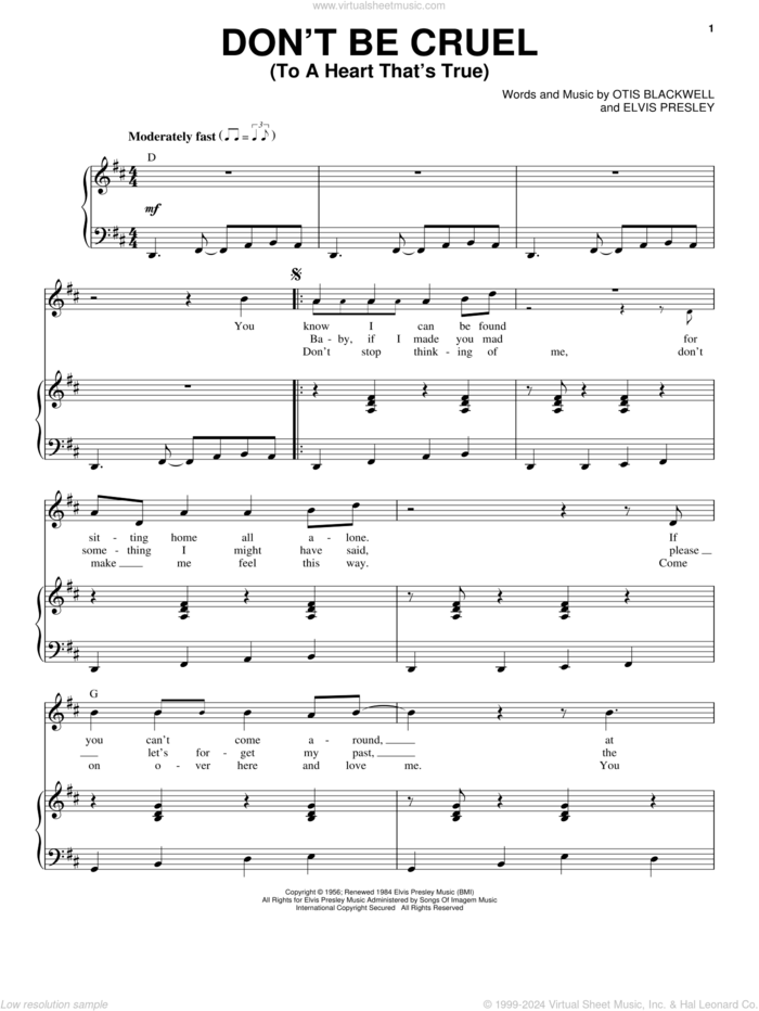 Don't Be Cruel (To A Heart That's True) sheet music for voice and piano by Elvis Presley, Cheap Trick and Otis Blackwell, intermediate skill level