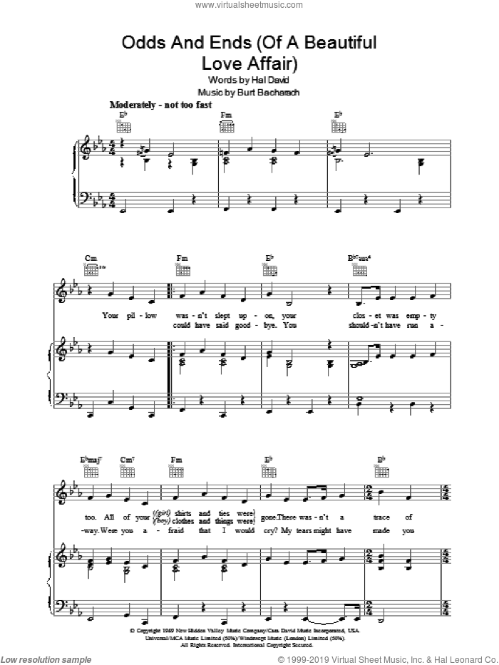 Odds And Ends (Of A Beautiful Love Affair) sheet music for voice, piano or guitar by Bacharach & David and Burt Bacharach, intermediate skill level