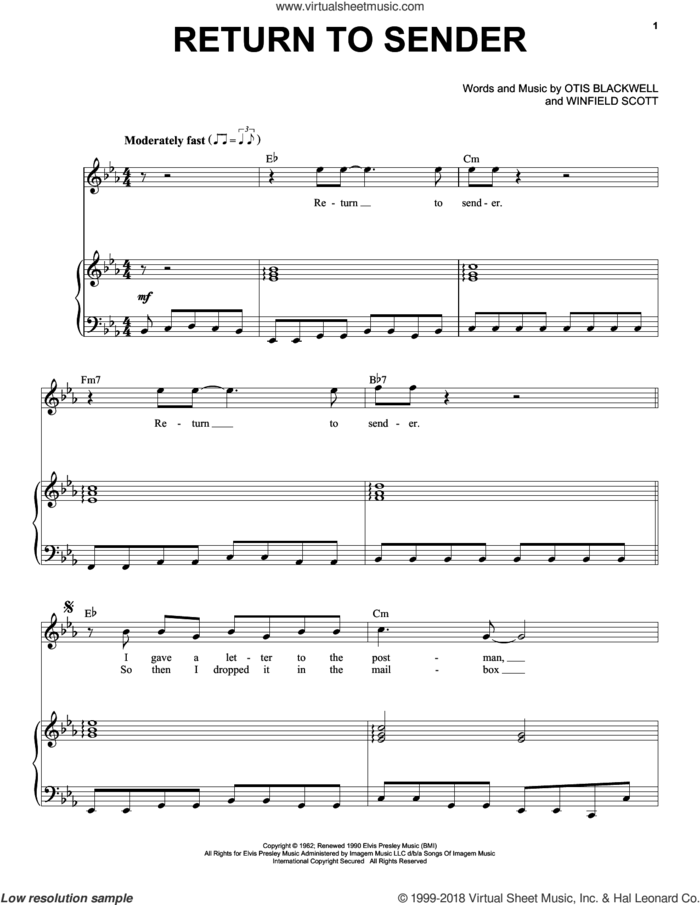 Return To Sender sheet music for voice and piano by Elvis Presley, Otis Blackwell and Winfield Scott, intermediate skill level