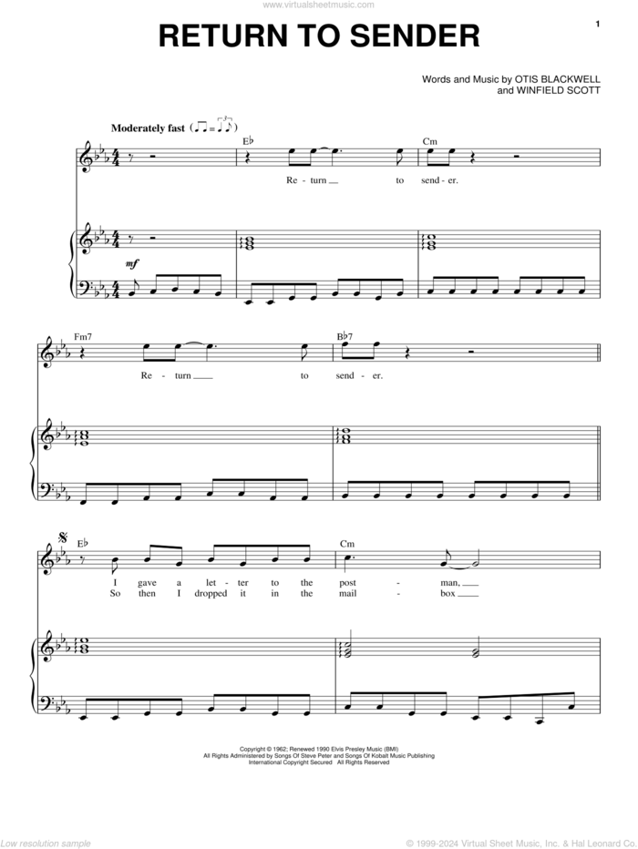 Return To Sender sheet music for voice and piano by Elvis Presley, Otis Blackwell and Winfield Scott, intermediate skill level