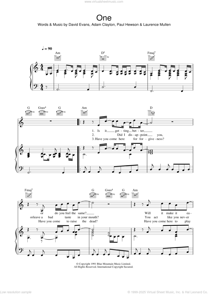 One sheet music for voice, piano or guitar by Adam Clayton, Johnny Cash, Mary J. Blige, U2, David Evans, Laurence Mullen and Paul Hewson, intermediate skill level