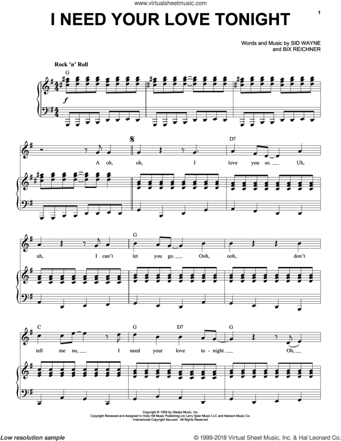 I Need Your Love Tonight sheet music for voice and piano by Elvis Presley, Bix Reichner and Sid Wayne, intermediate skill level