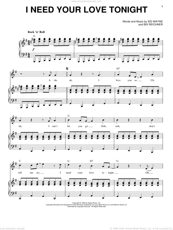 I Need Your Love Tonight sheet music for voice and piano by Elvis Presley, Bix Reichner and Sid Wayne, intermediate skill level