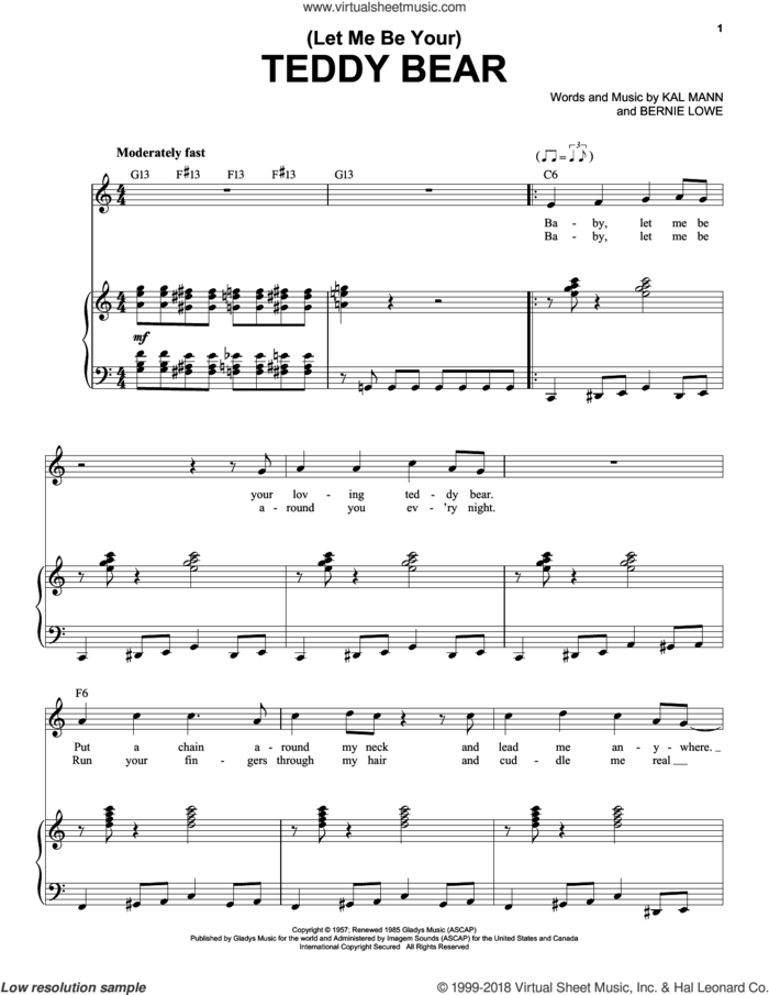 (Let Me Be Your) Teddy Bear sheet music for voice and piano by Elvis Presley, Bernie Lowe and Kal Mann, intermediate skill level